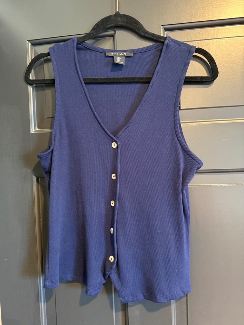 Tahari Navy Button-Front Sleeveless V-Neck Tank